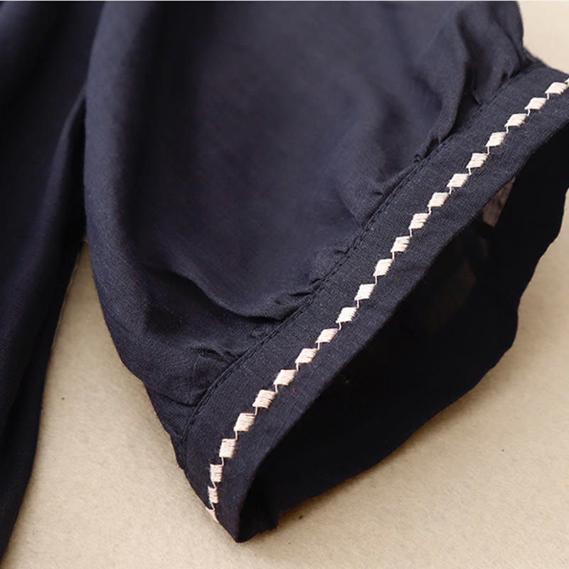 Buddha Stones刺繍クルーネックプリーツレディースコットンリネン半袖Tシャツ - image 17