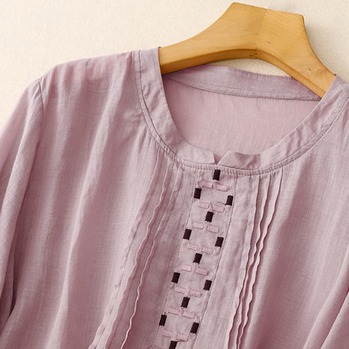 Buddha Stones刺繍クルーネックプリーツレディースコットンリネン半袖Tシャツ - image 24