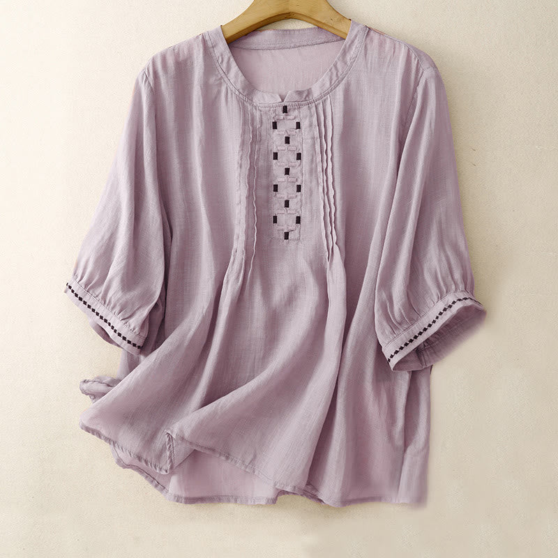 Buddha Stones刺繍クルーネックプリーツレディースコットンリネン半袖Tシャツ - 梅 - US14、 UK/AU18、 EU46 (2XL) - image 18