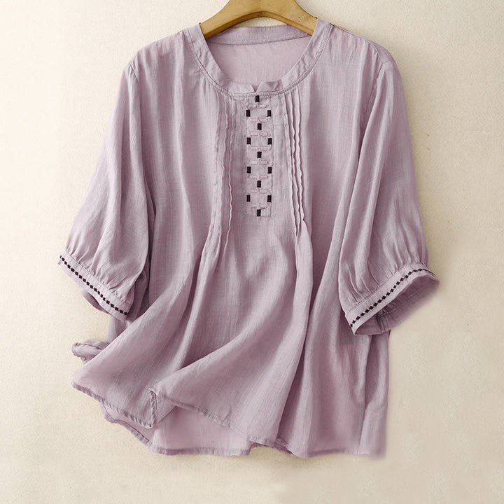 Buddha Stones刺繍クルーネックプリーツレディースコットンリネン半袖Tシャツ - 梅 - US14、 UK/AU18、 EU46 (2XL) - image 18