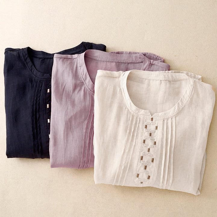 Buddha Stones刺繍クルーネックプリーツレディースコットンリネン半袖Tシャツ - image 25