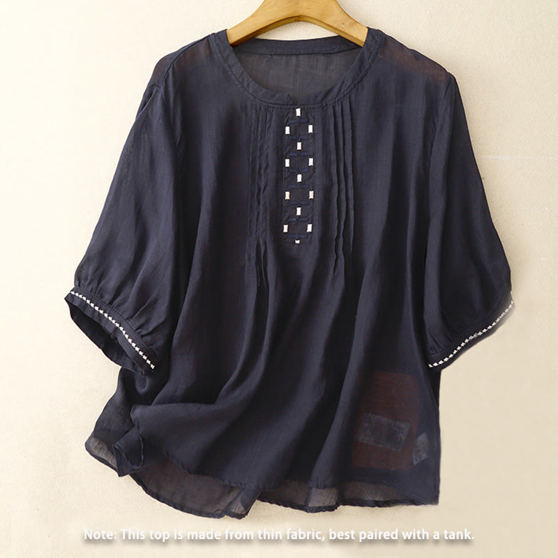 Buddha Stones刺繍クルーネックプリーツレディースコットンリネン半袖Tシャツ - image 12