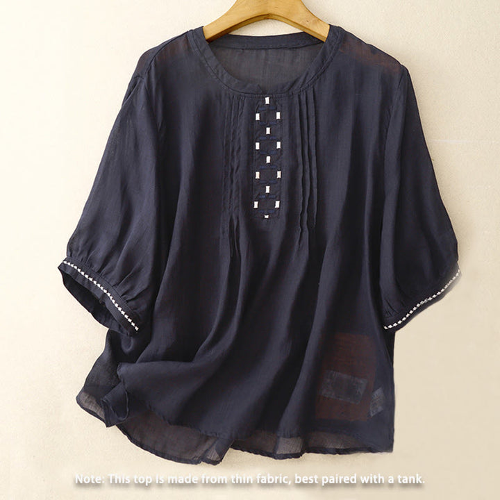 Buddha Stones刺繍クルーネックプリーツレディースコットンリネン半袖Tシャツ - image 12