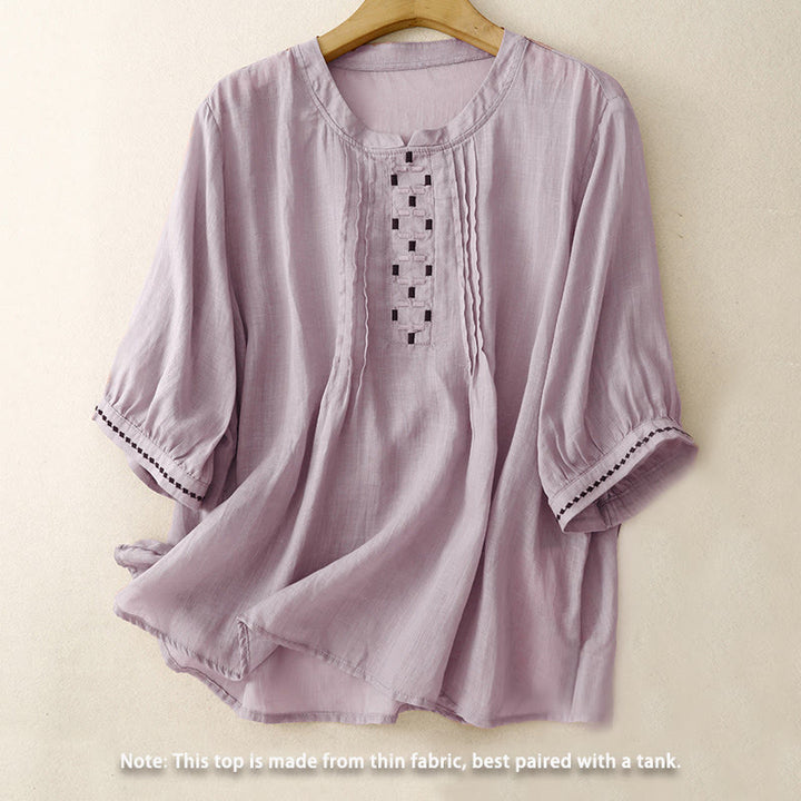 Buddha Stones刺繍クルーネックプリーツレディースコットンリネン半袖Tシャツ - image 19