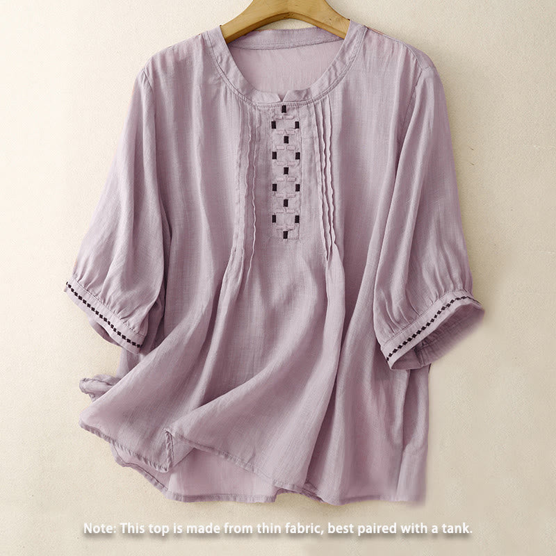 Buddha Stones刺繍クルーネックプリーツレディースコットンリネン半袖Tシャツ - image 19