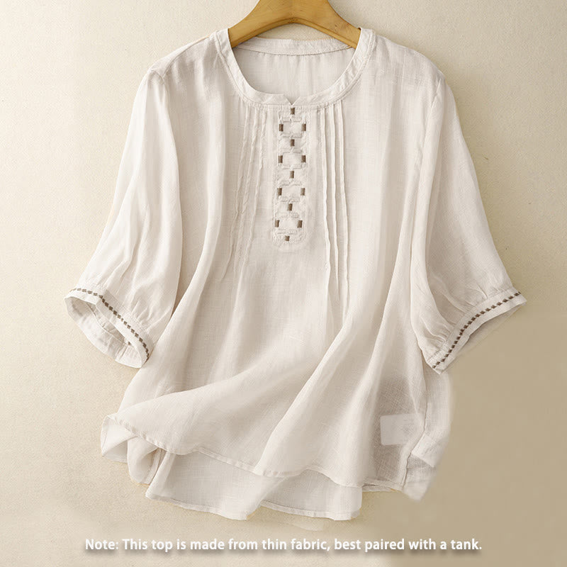 Buddha Stones刺繍クルーネックプリーツレディースコットンリネン半袖Tシャツ - image 1