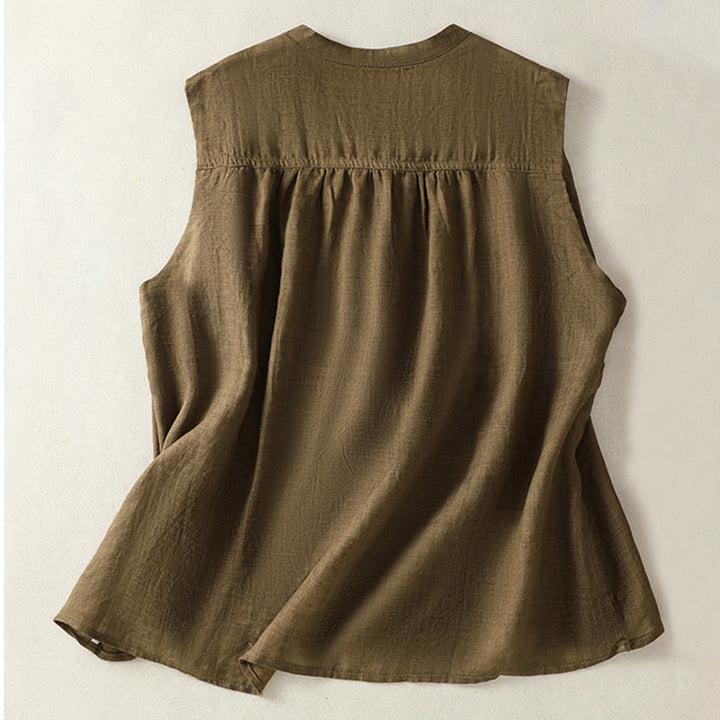 Buddha Stonesカジュアル ノースリーブ プリーツデザイン レディース コットンリネン ハーフスリーブシャツ - image 10