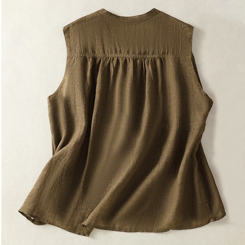Buddha Stonesカジュアル ノースリーブ プリーツデザイン レディース コットンリネン ハーフスリーブシャツ - image 10