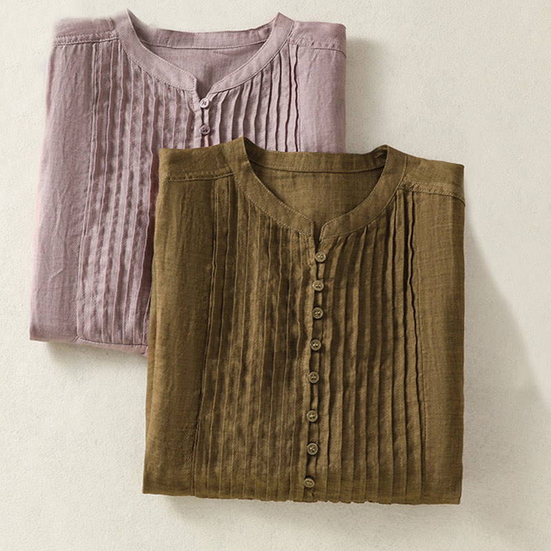 Buddha Stonesカジュアル ノースリーブ プリーツデザイン レディース コットンリネン ハーフスリーブシャツ - image 19