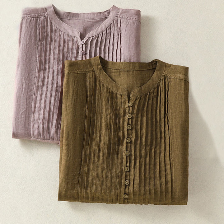 Buddha Stonesカジュアル ノースリーブ プリーツデザイン レディース コットンリネン ハーフスリーブシャツ - image 19