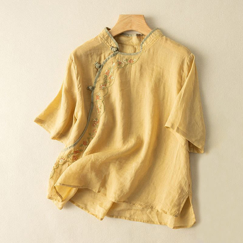 Buddha Stonesカジュアル スラントカラー 刺繍 カエルボタンデザイン レディース コットンリネン シャツ - 金 - US16、 UK/AU20、 EU48 (3XL) - image 0