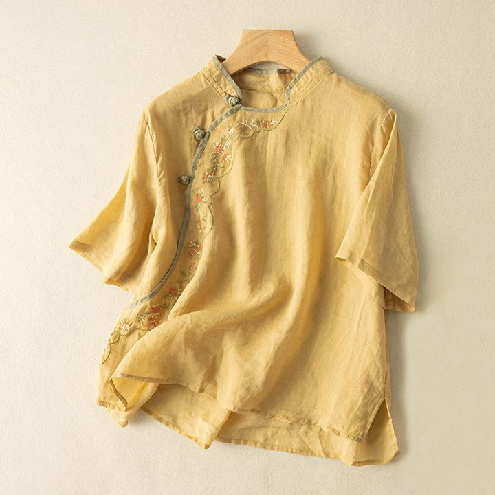 Buddha Stonesカジュアル スラントカラー 刺繍 カエルボタンデザイン レディース コットンリネン シャツ - 金 - US16、 UK/AU20、 EU48 (3XL) - image 0