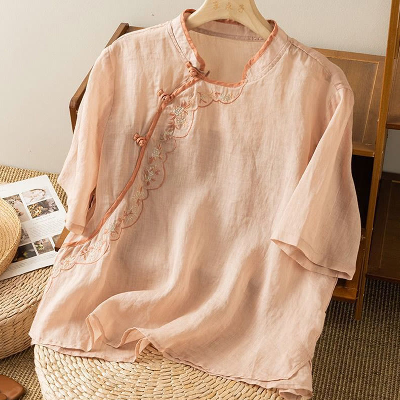 Buddha Stonesカジュアル スラントカラー 刺繍 カエルボタンデザイン レディース コットンリネン シャツ - image 4