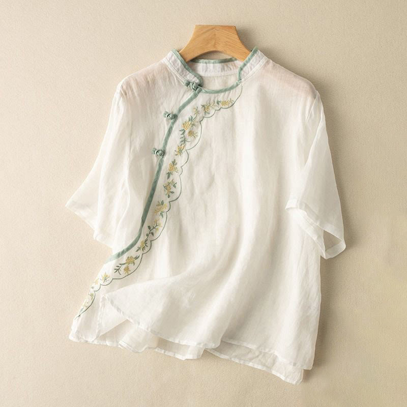 Buddha Stonesカジュアル スラントカラー 刺繍 カエルボタンデザイン レディース コットンリネン シャツ - 白 - US16、 UK/AU20、 EU48 (3XL) - image 10