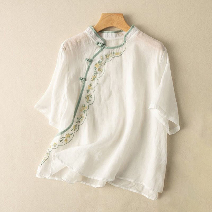 Buddha Stonesカジュアル スラントカラー 刺繍 カエルボタンデザイン レディース コットンリネン シャツ - 白 - US16、 UK/AU20、 EU48 (3XL) - image 10