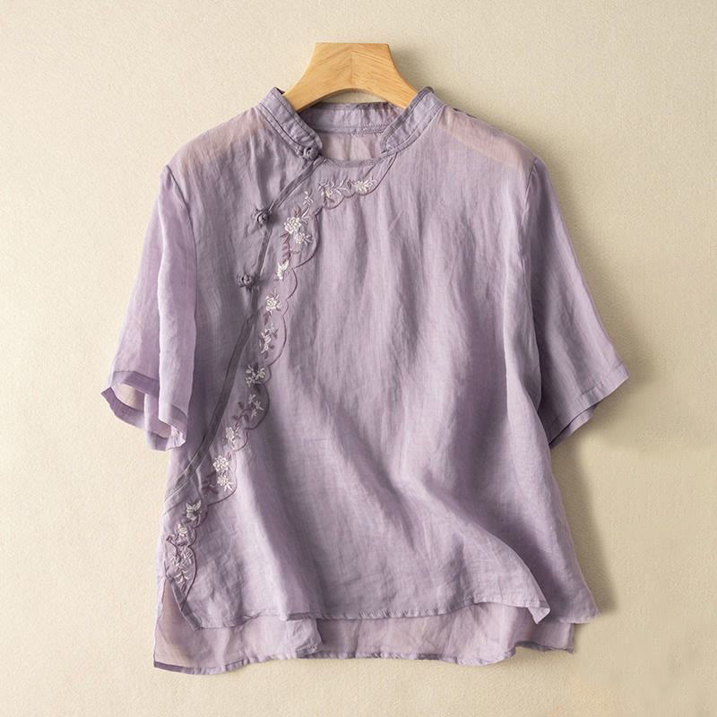 Buddha Stonesカジュアル スラントカラー 刺繍 カエルボタンデザイン レディース コットンリネン シャツ - 梅 - US16、 UK/AU20、 EU48 (3XL) - image 15