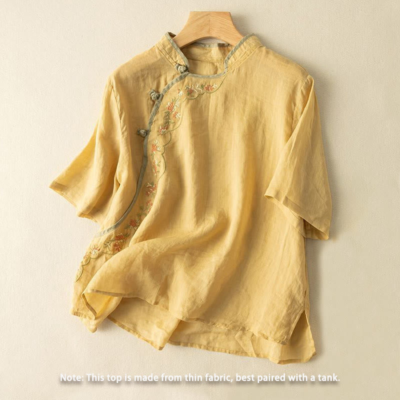 Buddha Stonesカジュアル スラントカラー 刺繍 カエルボタンデザイン レディース コットンリネン シャツ - image 1