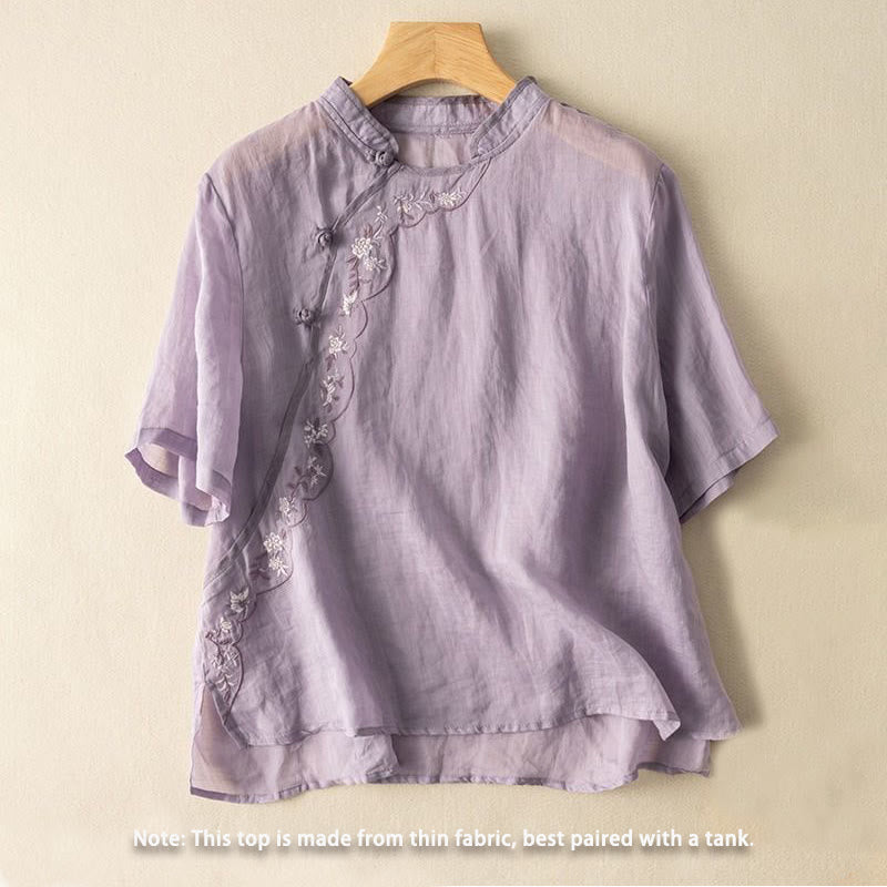 Buddha Stonesカジュアル スラントカラー 刺繍 カエルボタンデザイン レディース コットンリネン シャツ - image 16
