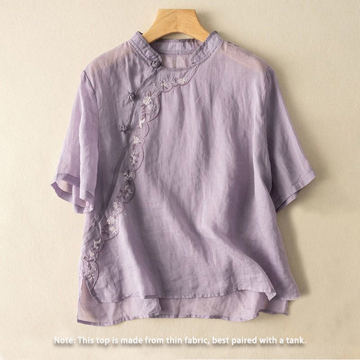 Buddha Stonesカジュアル スラントカラー 刺繍 カエルボタンデザイン レディース コットンリネン シャツ - image 16