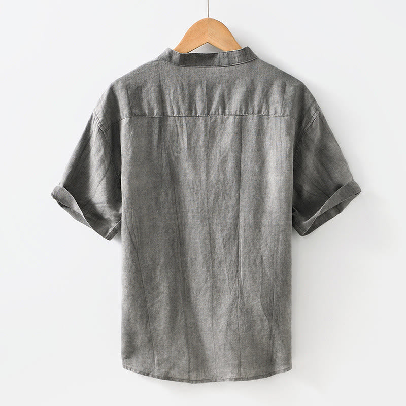 Buddha Stonesシンプルボタンデザイン メンズ 半袖 コットンリネン シャツ ポケット付き - image 2