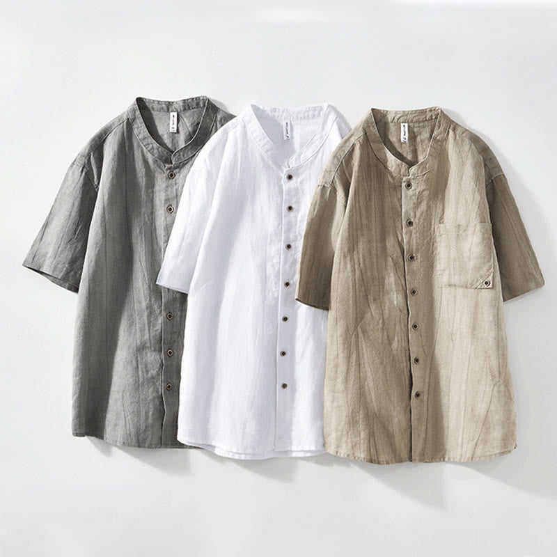 Buddha Stonesシンプルボタンデザイン メンズ 半袖 コットンリネン シャツ ポケット付き - image 20