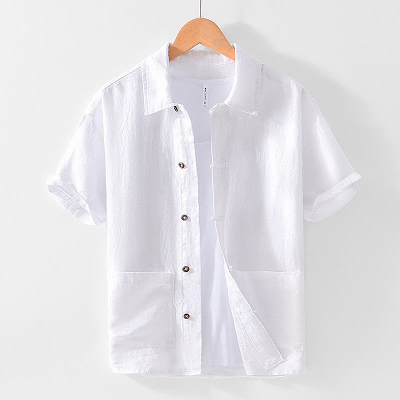 Buddha Stones無地ボタン メンズ 半袖 リネンシャツ ポケット付き - 白 - US/UK/AU42、 EU52 (3XL) - image 7