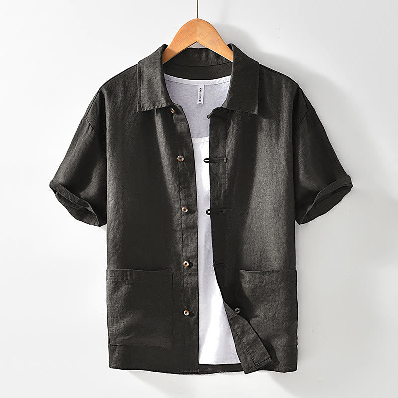 Buddha Stones無地ボタン メンズ 半袖 リネンシャツ ポケット付き - ダークオリーブグリーン - US/UK/AU42、 EU52 (3XL) - image 19