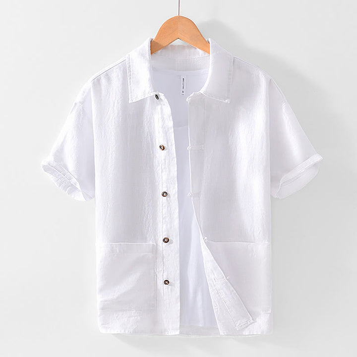 Buddha Stones無地ボタン メンズ 半袖 リネンシャツ ポケット付き - 白 - US/UK/AU42、 EU52 (3XL) - image 8