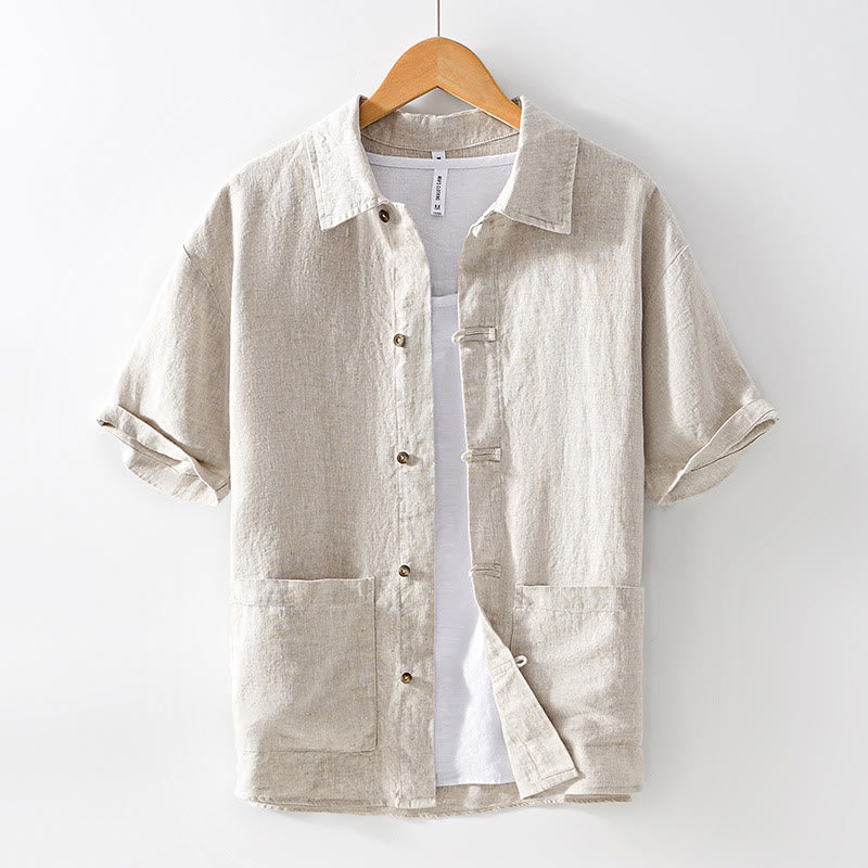 Buddha Stones無地ボタン メンズ 半袖 リネンシャツ ポケット付き - ベージュ - US/UK/AU42、 EU52 (3XL) - image 1
