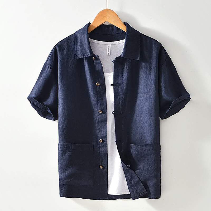 Buddha Stones無地ボタン メンズ 半袖 リネンシャツ ポケット付き - ミッドナイトブルー - US/UK/AU42、 EU52 (3XL) - image 13