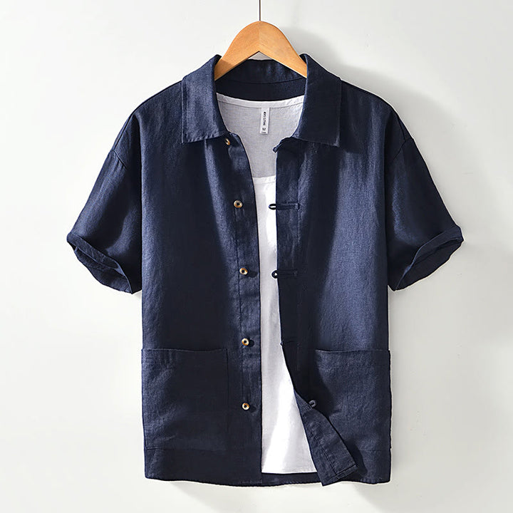 Buddha Stones無地ボタン メンズ 半袖 リネンシャツ ポケット付き - ミッドナイトブルー - US/UK/AU42、 EU52 (3XL) - image 13