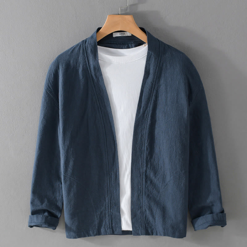 Buddha Stonesピュアカラー スタンドカラー メンズ 長袖 コットンリネンシャツ - ダークブルー - US/UK/AU42、 EU52 (3XL) - image 1