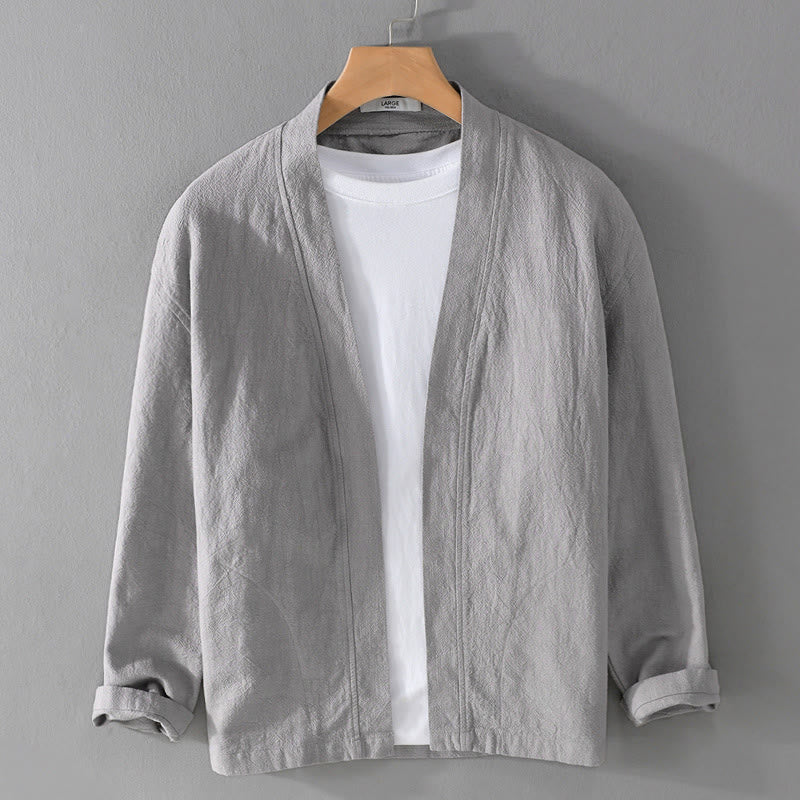 Buddha Stonesピュアカラー スタンドカラー メンズ 長袖 コットンリネンシャツ - 銀 - US/UK/AU42、 EU52 (3XL) - image 8