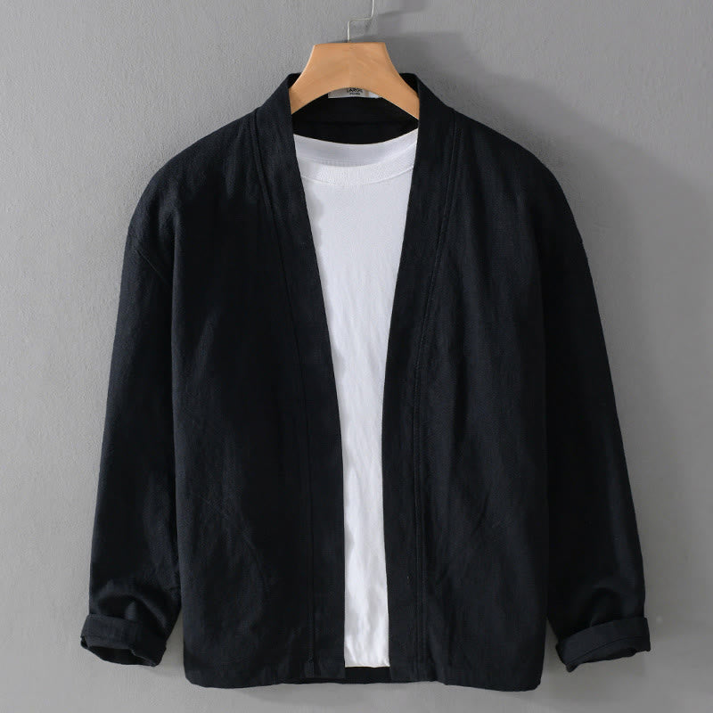 Buddha Stonesピュアカラー スタンドカラー メンズ 長袖 コットンリネンシャツ - 黒 - US/UK/AU42、 EU52 (3XL) - image 19