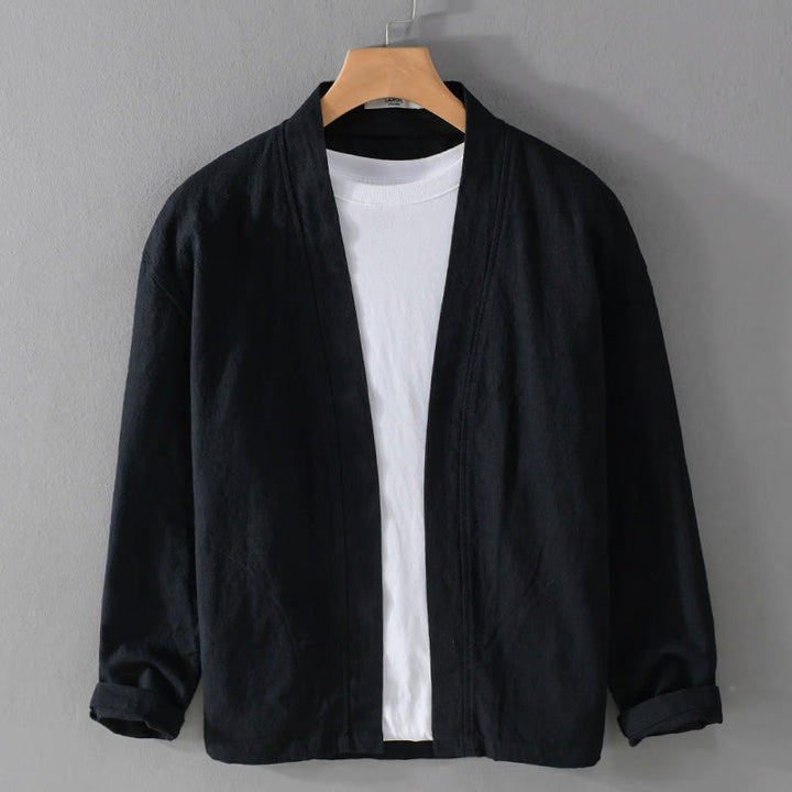 Buddha Stonesピュアカラー スタンドカラー メンズ 長袖 コットンリネンシャツ - 黒 - US/UK/AU42、 EU52 (3XL) - image 19
