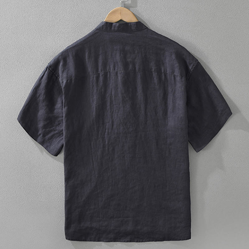 Buddha Stones夏用 ハーフボタンデザイン ラペル メンズ 半袖 リネンシャツ ポケット付き - image 4