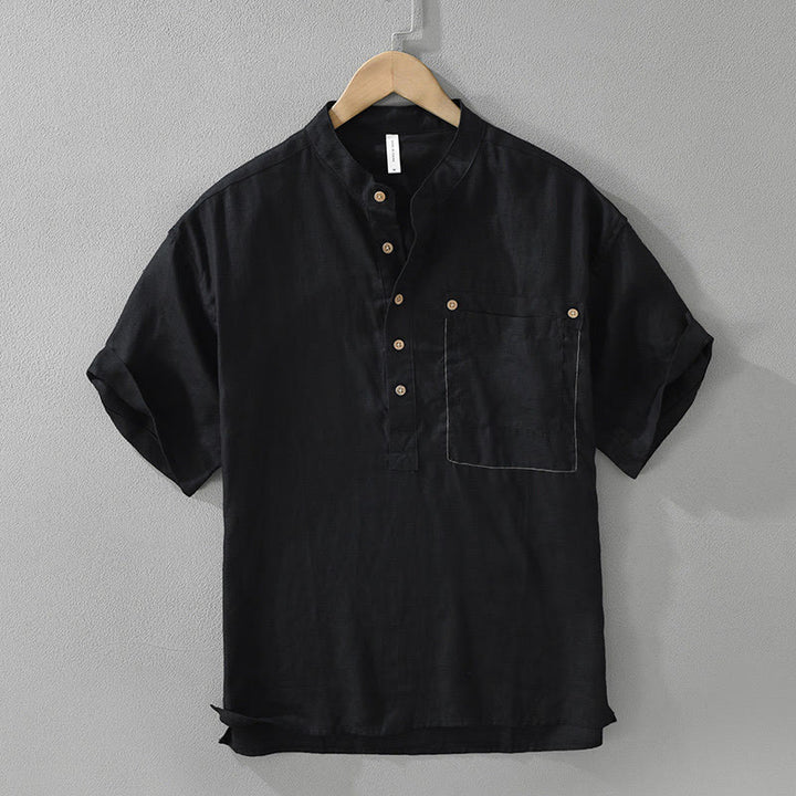 Buddha Stones夏用 ハーフボタンデザイン ラペル メンズ 半袖 リネンシャツ ポケット付き - 黒 - US/UK/AU42、 EU52 (3XL) - image 1