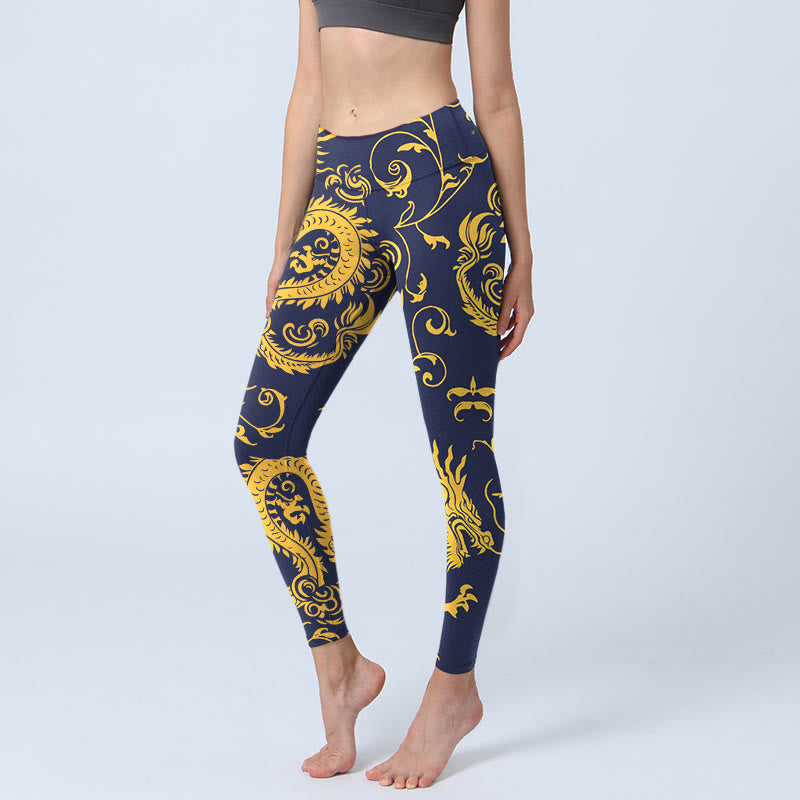Buddha Stonesゴールデンドラゴン ヴァインプリント ジムレギンス レディース ヨガパンツ - ダークブルー - US18、 UK/AU22、 EU50 (4XL) - image 1