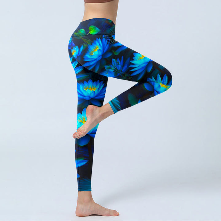 Buddha Stonesディープブルー ウォーターリリー ロータス プリント ジムレギンス レディース ヨガパンツ - image 4