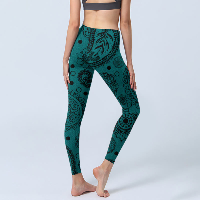 Buddha Stonesディープグリーン カシューナッツフラワー 花びらプリント ジムレギンス レディース ヨガパンツ - image 5