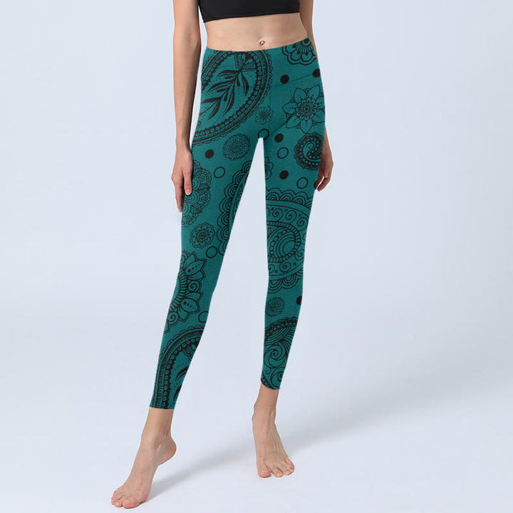 Buddha Stonesディープグリーン カシューナッツフラワー 花びらプリント ジムレギンス レディース ヨガパンツ - image 6