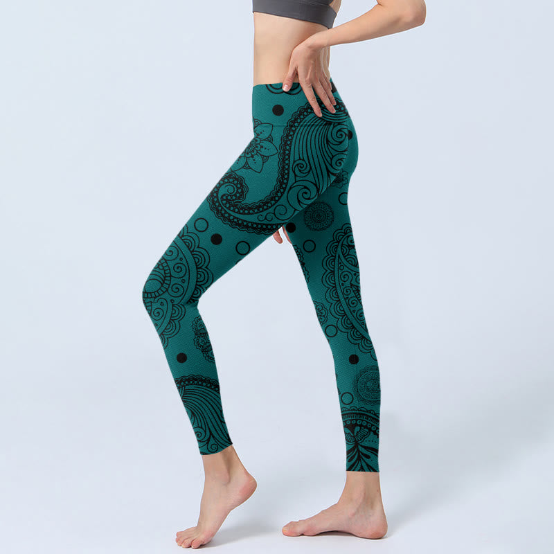 Buddha Stonesディープグリーン カシューナッツフラワー 花びらプリント ジムレギンス レディース ヨガパンツ - image 3