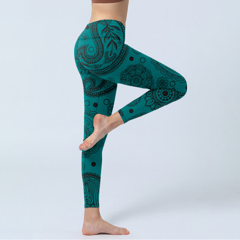 Buddha Stonesディープグリーン カシューナッツフラワー 花びらプリント ジムレギンス レディース ヨガパンツ - image 4