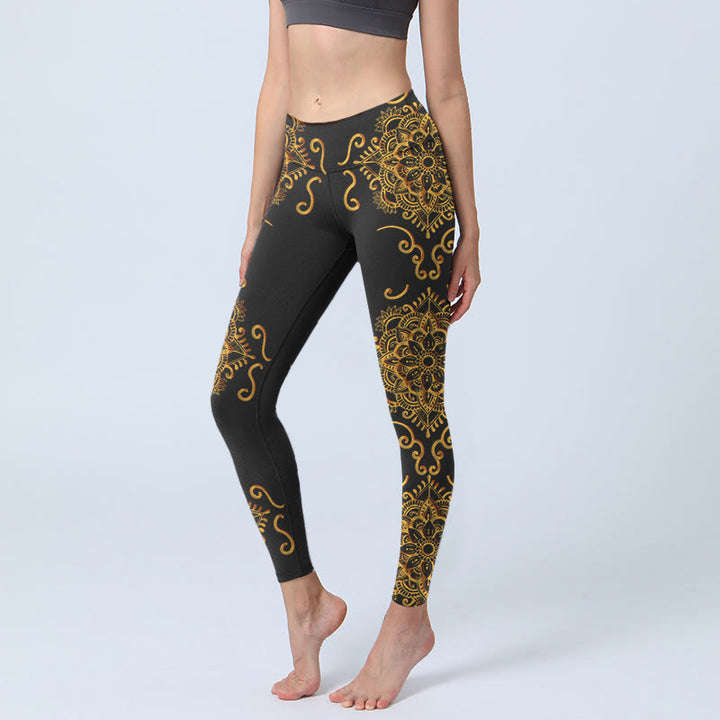 Buddha Stones、ゴールデンマンダラフラワープリント、ジムレギンス、レディースヨガパンツ - 黒 - US18、 UK/AU22、 EU50 (4XL) - image 1
