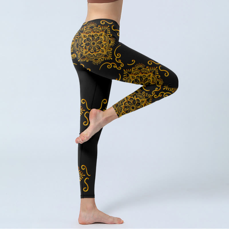 Buddha Stones、ゴールデンマンダラフラワープリント、ジムレギンス、レディースヨガパンツ - image 4