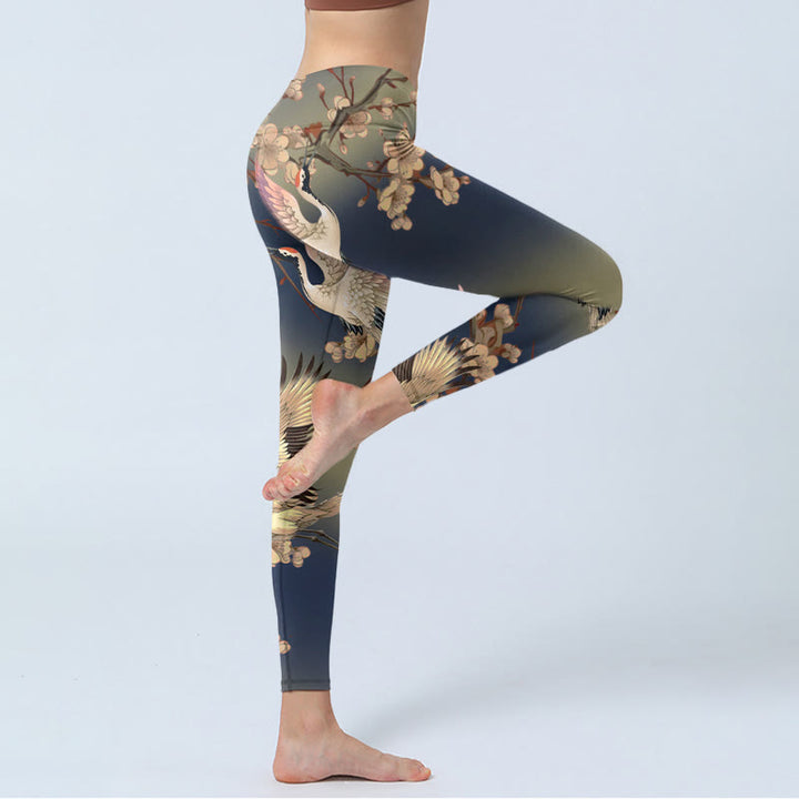 Buddha Stones、白鶴、白花の枝のプリント、ジムレギンス、レディースヨガパンツ - image 3