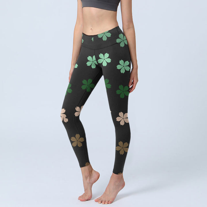 Buddha Stonesグリーン ピンク 五弁花 プリント ジムレギンス レディース ヨガパンツ - 黒 - US18、 UK/AU22、 EU50 (4XL) - image 1