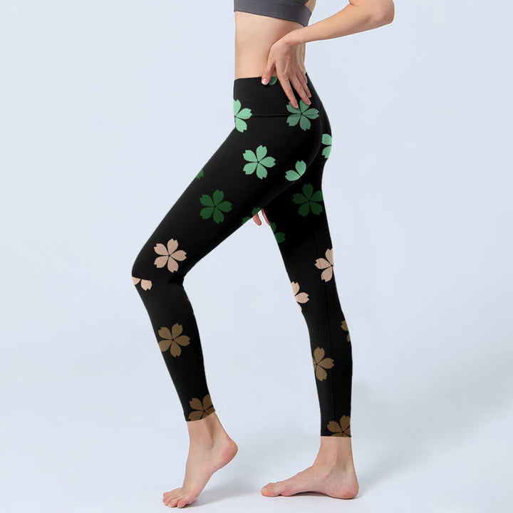 Buddha Stonesグリーン ピンク 五弁花 プリント ジムレギンス レディース ヨガパンツ - image 3