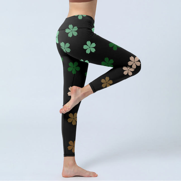 Buddha Stonesグリーン ピンク 五弁花 プリント ジムレギンス レディース ヨガパンツ - image 4
