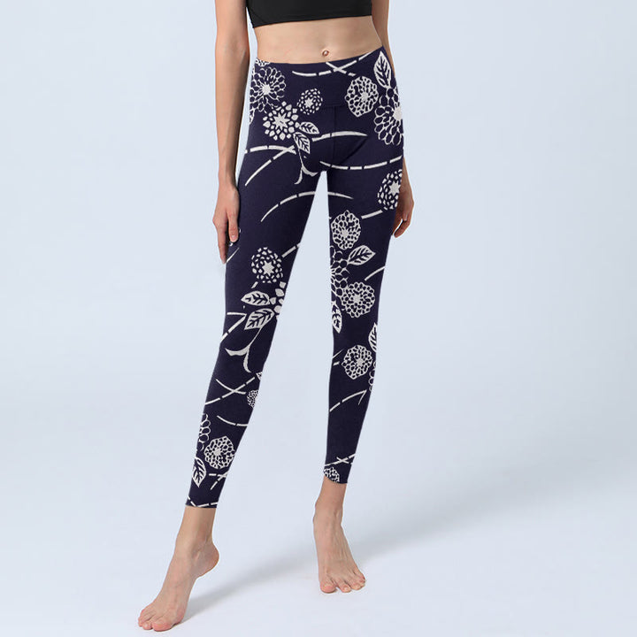 Buddha Stonesホワイトスケッチ 菊柄 ジムレギンス レディース ヨガパンツ - image 6